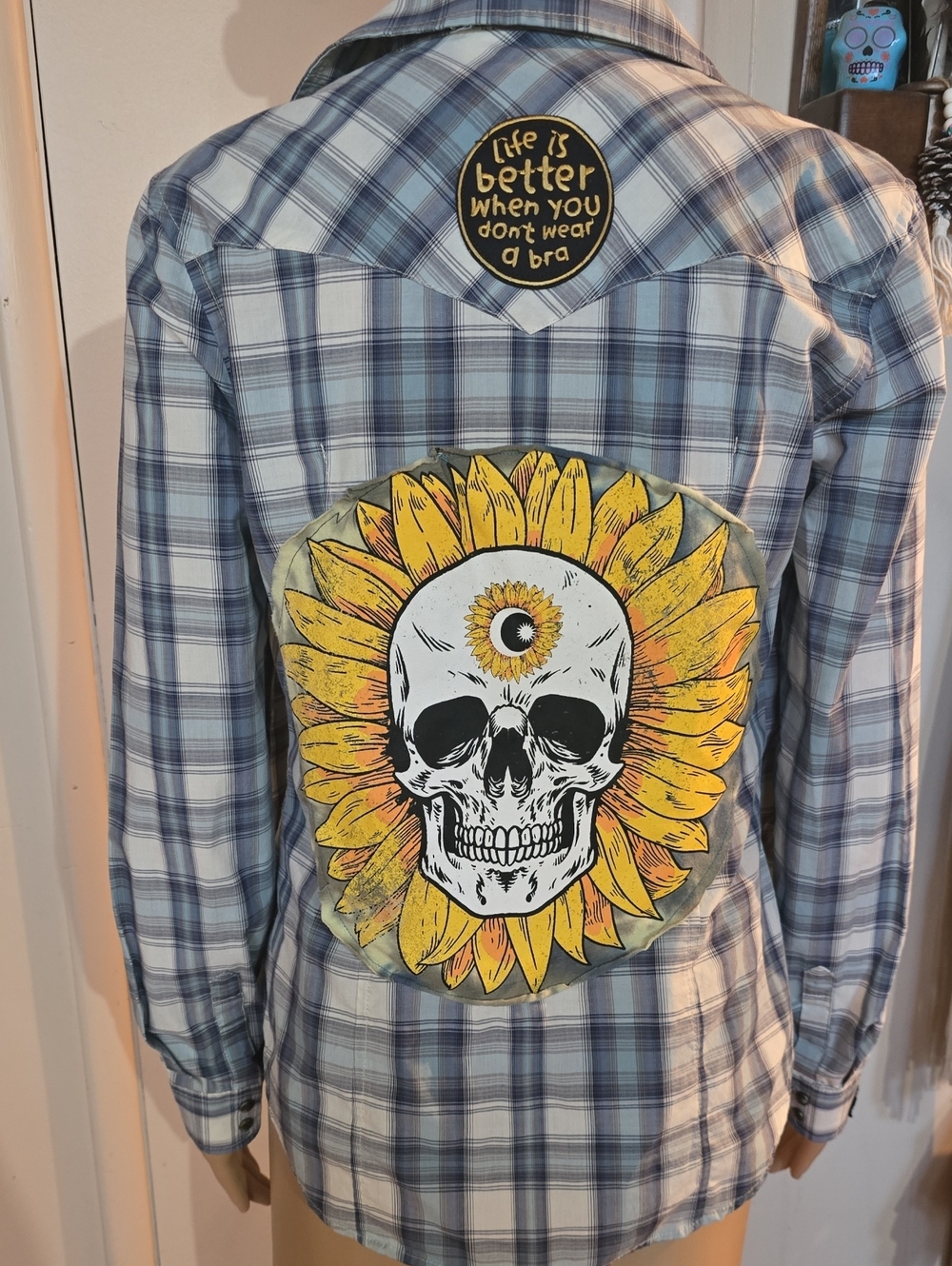 Pendleton Blue Western Shirt Upcycled with Sunflower And Skull Patches